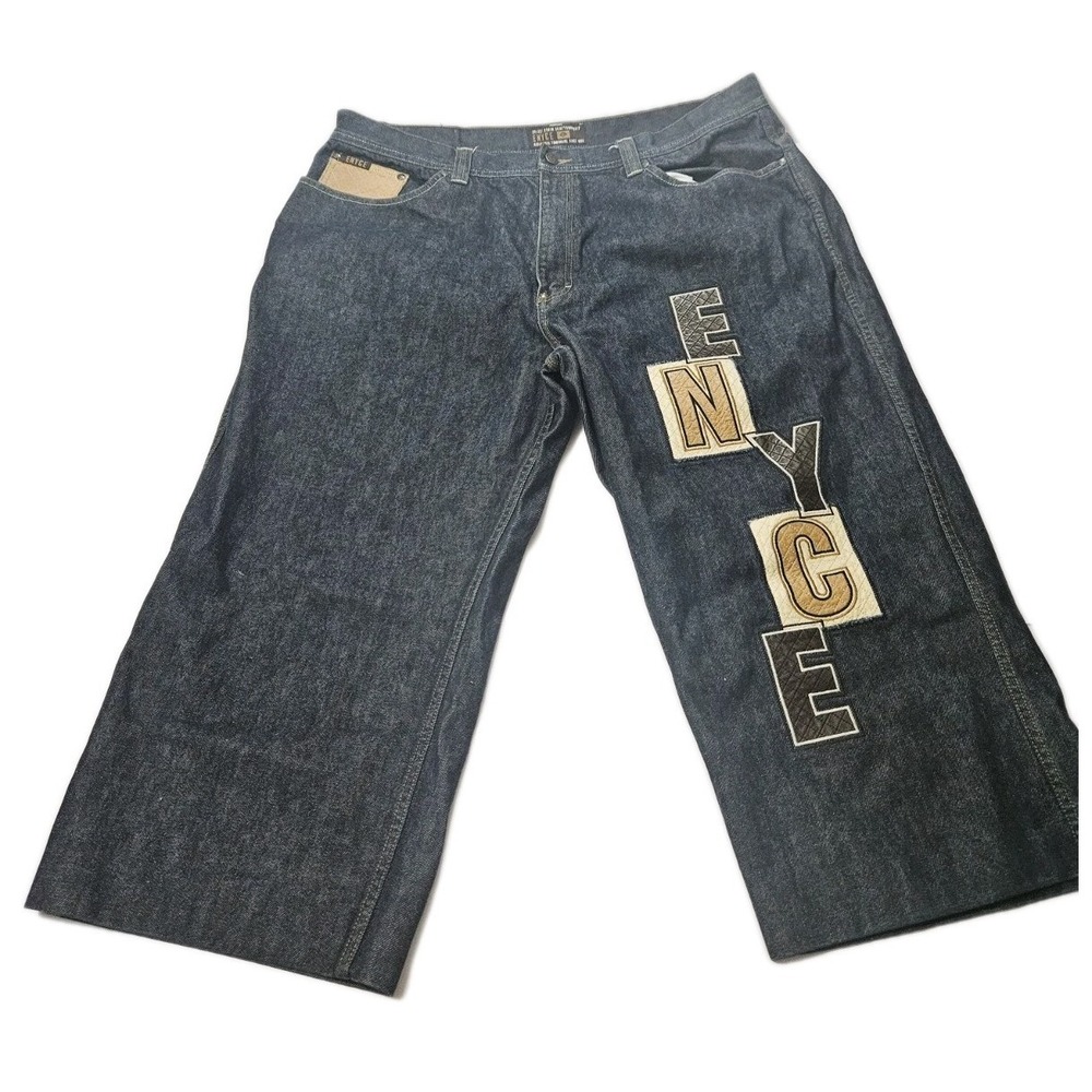 Enyce Dark Wash Leather Cotton Denim Jeans Logo Patch ‎ Men's Size 42 Short Leg